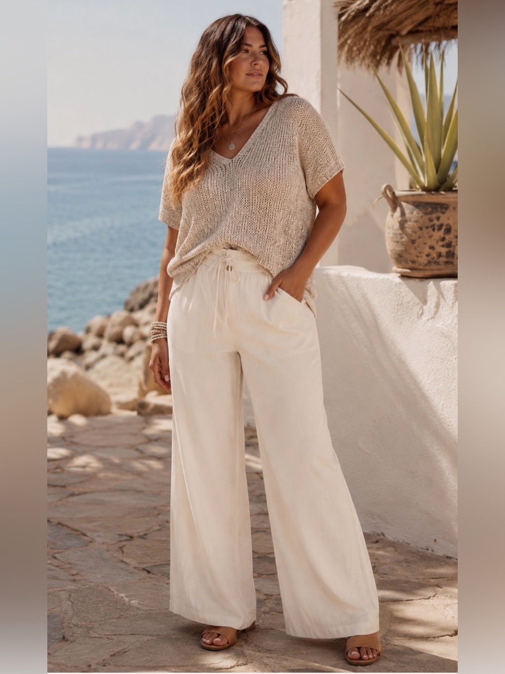 Linen Blend Cream Wide Leg Pants | Coastal Boho Resort Style | Size US 12, UK 16